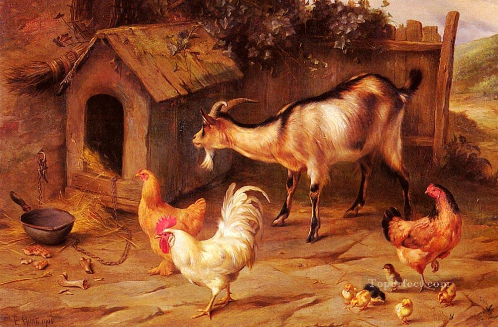 Fowl Küken und Ziegen durch einen hund Kennel Bauernhof Tiere Edgar Hunt Ölgemälde
